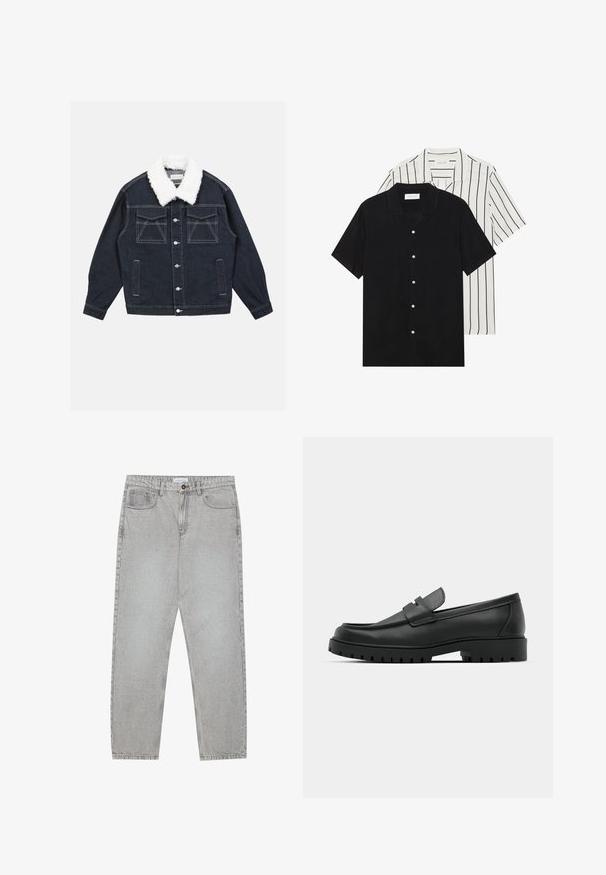 Τζάκετ denim σε σκούρο μπλε με λευκό ψεύτικο γούνινο γιακά. Περιέχει δύο τσέπες στο στήθος, ασημένια κουμπιά και αντίθετες λεπτομέρειες ραφής.; Δύο κοντομάνικα πουκάμισα: ένα εντελώς μαύρο και ένα λευκό με μαύρες κάθετες ρίγες. Και τα δύο διαθέτουν κλείσιμο με κουμπιά και κλασικό γιακά.; Ανοιχτό γκρι τζιν παντελόνι με ίσια γραμμή, πέντε τσέπες και κλείσιμο με κουμπί. Ορατές ραφές κατά μήκος των ραφών.; Μαύρα δερμάτινα λουστρίνια με στρογγυλή μύτη, που διαθέτουν ραμμένο σχέδιο, χαμηλή πλατφόρμα και υφή με λαστιχένια σόλα με προεξοχές.