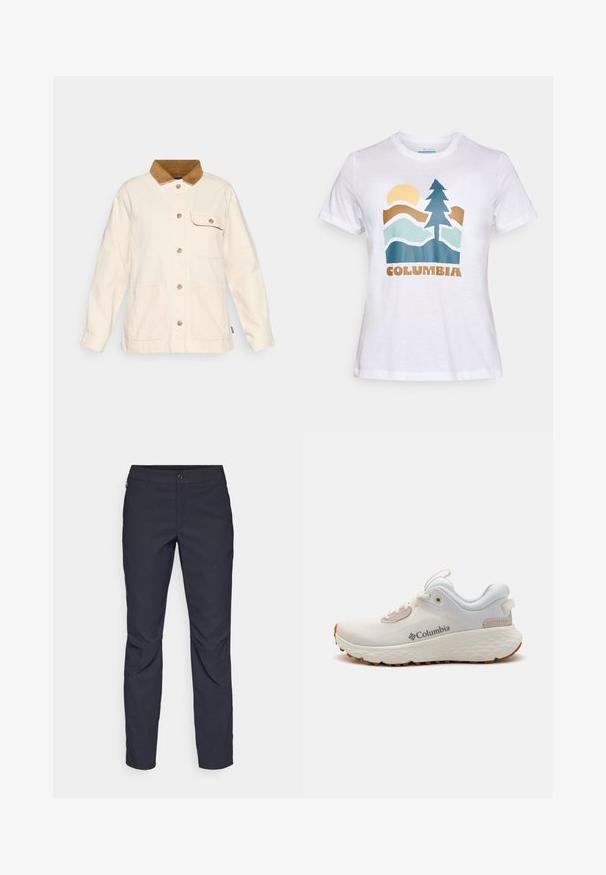 Beige canvas jacket with a brown corduroy collar, front button closure, and two patch pockets. Features a relaxed fit and long sleeves.; White short-sleeve T-shirt with a graphic of a sun, tree, mountains, and the word "Columbia" in brown lettering on the front.; Navy blue pants made of smooth fabric, featuring a front button closure, slim-fit design, and creased detailing at the knees.; Lightweight Columbia athletic shoe in white mesh with a textured gray sole and rubber traction. Features a padded collar and lace-up design.