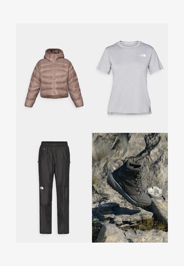 Kort, huva pufferjacka i ljusbrun med ett kviltat mönster. Har en frontdragkedja och en slät, glänsande tygetextur.; Grå kortärmad t-shirt i mjukt, fuktavledande tyg. Har en rund halsringning och en liten vit logotyp på övre vänstra sidan.; Svarta vattentäta byxor i lättviktsmaterial, med elastisk midja, sidofickor och en logotyp på vänster ben.; Mörkgrå vandringskänga i syntetmaterial, med vadderad krage, metallöglor och strukturerad gummisula för grepp.