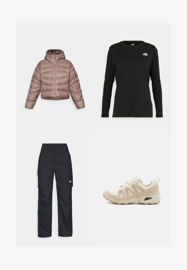 Skrajšana puffer jakna s kapuco v svetlo rjavi barvi, s prešito zasnovo. Ima sprednji zadrgo in gladko, sijajno teksturo tkanine.; Črna majica z dolgimi rokavi iz bombaža z okroglo izrezom. Ima majhen bel logotip na levem prsnem delu. Enostaven dizajn in prileganje.; Črne najlon hlače z zipom, ki se lahko odstranijo, s prilagodljivimi manšetami, več žepi in logotipom na desni nogi. Gladka, lahka tekstura.; Bež in krem športni čevlji z teksturiranim mrežastim zgornjim delom, podpornimi prekrivali in gumijastim podplatom z vzorcem za oprijem.