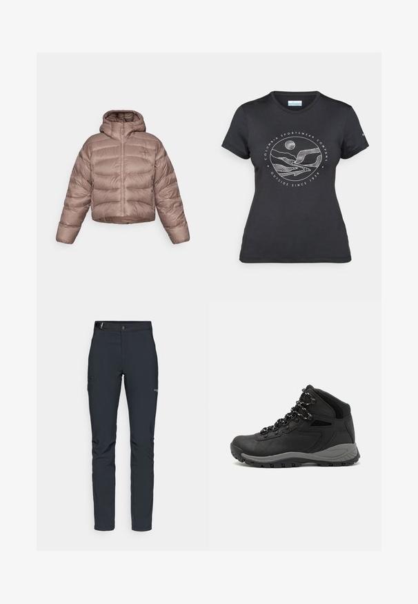 Skrajšana puffer jakna s kapuco v svetlo rjavi barvi, s prešito zasnovo. Ima sprednji zadrgo in gladko, sijajno teksturo tkanine.; Črna majica Columbia z belim krožnim risanjem gora in reke ter napisom "Columbia Sportswear Company Outside Since 1938."; Moške zunanje hlače, temno siva, izdelane iz fleksibilnega materiala, z pasom, žepom na zadrgo in ojačanim šivanjem.; Črne pohodniške čevlje z srednje visokim dizajnom, ki imajo teksturirano zgornji del, sivi dodatki in vzdržljiv gumen podplat s protizdrsnimi izboklinami.