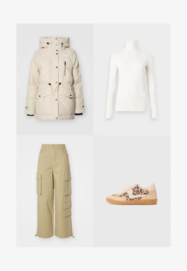 Világos bézs színű puffermellény, magas nyakkal, húzózsinóros derékkal, cipzáras mellzsebbel és patentgombos záródással. Simább textúra és hosszú ujjak.; Hosszú ujjú garbó póló tejfehér színben, puha, rugalmas anyagból készült, testhezálló fazonnal és bordás textúrával.; Beige cargo nadrágok széles szabással, két nagy oldalsó zsebbel, elülső zsebekkel és húzózsinórral a szegélyen. Pamut keverék anyag.; Leopárdmintás sportcipő bézs velúr felsőrésszel, világosbarna gumitalppal és fehér kiegészítőkkel. Kerek orr, fűzős kialakítás, és textúrázott felület jellemzi.