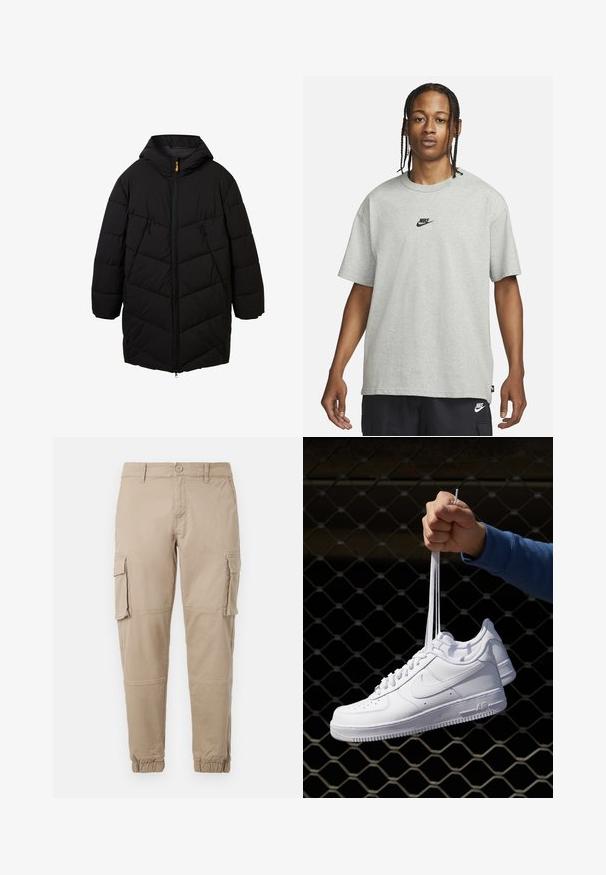 Manteau rembourré noir avec capuche, doté d'une fermeture éclair, de poches latérales et d'un motif matelassé en losange. Fabriqué à partir d'un matériau léger et résistant aux intempéries.; Jeune personne avec des cheveux tressés portant un t-shirt Nike gris clair et un short Nike noir sur un fond blanc uni.; Pantalons cargo beiges en coton léger. Comprend des poignets élastiques, plusieurs poches latérales et une fermeture à bouton.; Baskets en cuir blanc avec perforations, à bout rond, semelle plate et lacets épais, arborant un logo swoosh visible et "AIR" sur le talon.