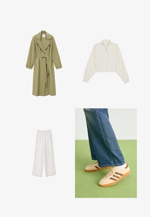 Maslinasto zeleni trench kaput s razrezanim ovratnikom, vezicom u struku i dugim rukavima. Ima glatku teksturu i dva prednja džepa.; Skraćeni pulover od kremastog materijala, s visokim ovratnikom, zatvaranjem na polovicu munje, elastičnim rubom i manžetama, s glatkom teksturom i minimalnim dizajnom.; Bijele hlače širokih nogavica napravljene od lagane tkanine. Imaju elastičan pojas s ušicom i bočne džepove. Glatka tekstura.; Bež tenisice s teksturiranim kremastim panelima i smeškim prugama, u kombinaciji s plavim trapericama. Traperice imaju široke nogavice i poderane rubove.