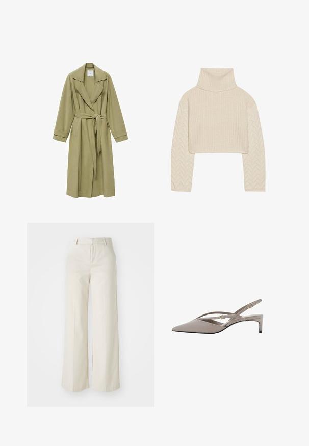 Trench coat de culoare verde măslin, cu guler tăiat, cordon în talie și mâneci lungi. Are o textură netedă și două buzunare frontale.; Pulover scurt de culoare crem, cu guler înalt, corp tricotat texturat și mâneci cu model în v ale. Fabricat dintr-un material moale de fir.; Pantaloni cu picioare largi, de culoare bej deschis, dintr-un material neted. Prezintă un brâu clasic și un față plată cu linii curate.; Pantofi cu toc slingback bej, cu vârful ascuțit, curele subțiri încrucișate și toc stiletto scurt. Material neted cu accente hardware de ton auriu.
