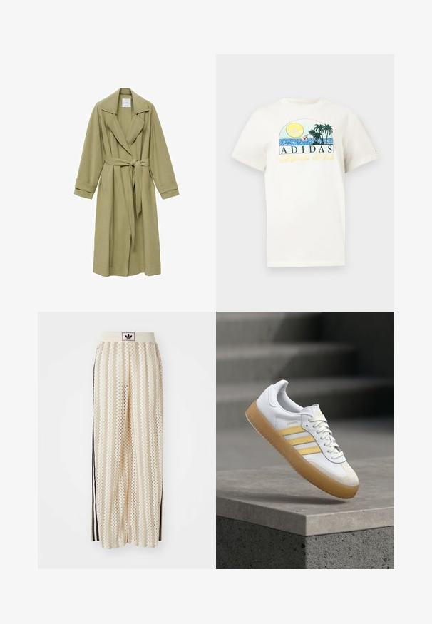 Maslinasto zeleni trench kaput s razrezanim ovratnikom, vezicom u struku i dugim rukavima. Ima glatku teksturu i dva prednja džepa.; Bijela pamučna majica s grafičkim dizajnom na kojem su sunce, palme i voda. Ispisano "ADIDAS Sports Club" u zelenoj i žutoj boji.; Pantalone širokog kroja krem boje s zigzag uzorkom, koji sadrži sivi pojas s crnim logotipom i bočne crne pruge. Lagani, teksturirani materijal.; Bijela kožna tenisica sa žutim detaljima, tri pruge i đonom od gumene gume. Ima zaobljeni vrh i teksturirani jezik.