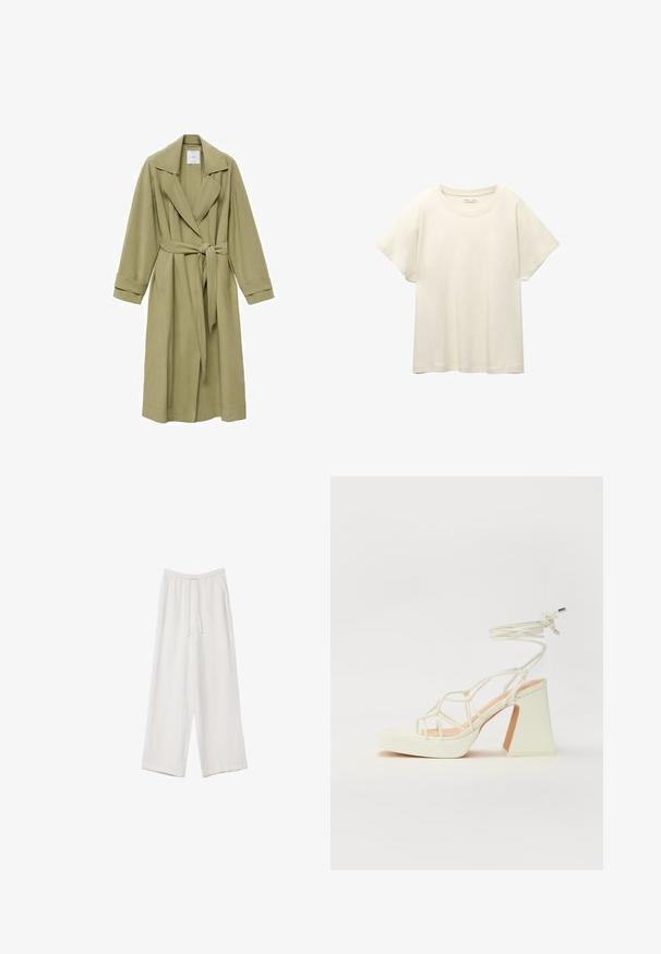 Trench coat verde oliva con colletto a revers, cintura regolabile e maniche lunghe. Presenta una texture liscia e due tasche frontali.; Maglietta a maniche corte beige chiaro con scollatura rotonda, realizzata in un tessuto morbido e liscio. Presenta una vestibilità comoda e un orlo dritto.; Pantaloni a gamba larga bianchi realizzati in un tessuto leggero. Presentano una vita elastica con cordoncino e tasche laterali. Texture liscia.; Sandalo bianco con tacco alto, caratterizzato da un design a cinturini e un legaccio alla caviglia. Texture liscia con una piattaforma frontale per un'altezza aggiuntiva.