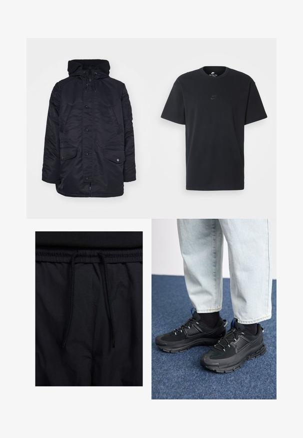Fekete párnázott dzseki magas gallérral, cipzáras zárással és patentgombokkal. Két elülső zsebbel rendelkezik és puha béléssel készült.; Fekete pamut póló Nike márkájú, klasszikus, kerek nyakú, rövid ujjú, és letisztult, dombornyomott logóval a mellkason. Simább textúra.; Fekete rövidnadrág, húzózsinórral ellátott derékrésszel, könnyű anyagból, sima felszínen, egyszerű dizájnnal, látható logók vagy minták nélkül.; Fekete sportcipők texturált anyaggal és gumitalppal, elasztikus fűzőkkel és kék kiegészítővel a saroknál. Világos farmernadrággal viselve.