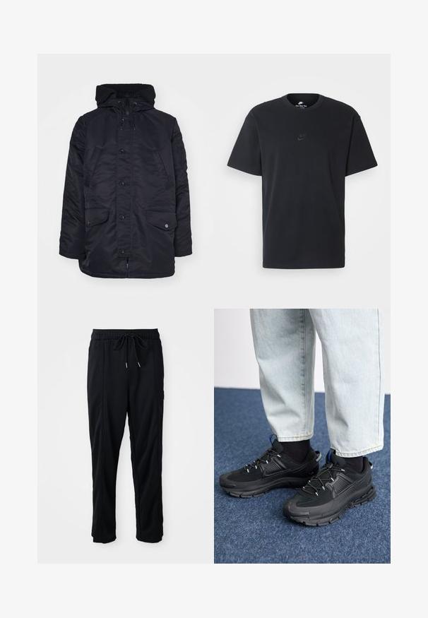 Must must rõngaga must jope, mis on varustatud kõrge krae, tõmbluku sulgemise ja nupuga sulgemisega. Omab kahte esikäist, mis on vooderdatud pehme tekstuuriga.; Nike musta mustast puuvillast T-särk klassikalise ümmarguse kaelusega, lühikeste varrukatega ja õrna, reljeefse logoga rinnal. Sile tekstuur.; Mustad nööridega vööga igapäevased mustad püksid, külgseamipocketid ja sirge sääre lõikega, ühtlasel taustal.; Mustad mustad jooksukingad, millel on tekstureeritud kangas ja kummist tallad, elastsed nöörid ning sinine aksent kandadel. Kandmine heledate teksadega.