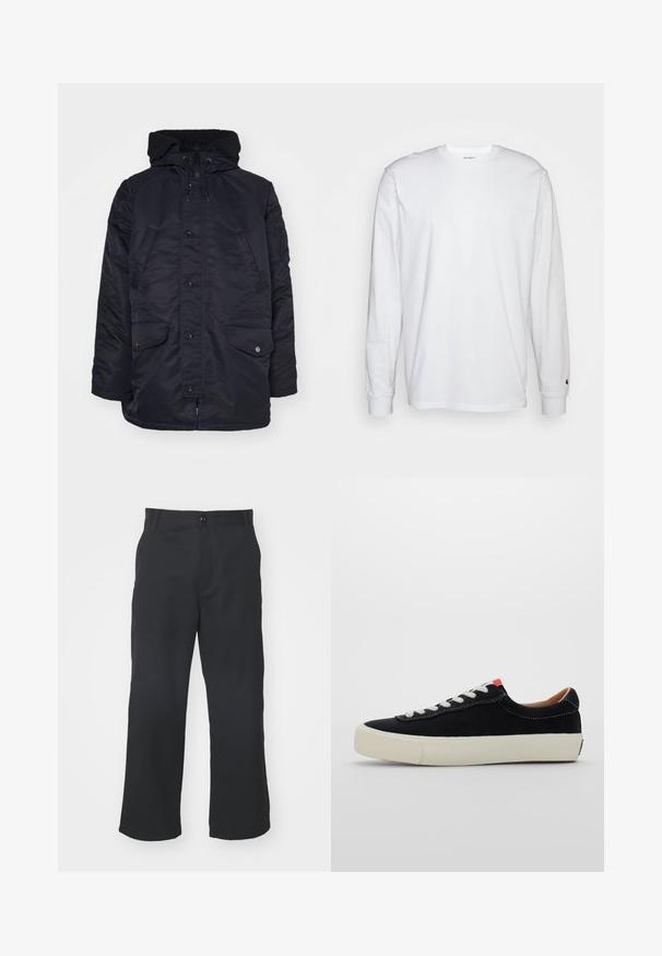 Črna podložena jakna z visokim ovratnikom, zadrgo in sponkami. Ima dva sprednja žepa in je obložena z mehkim materialom.; Bela dolgimi rokavi majica iz bombaža. Oblika s krožnim izrezom z rebrastimi manšetami in majhnim logotipom na levi rokavu. Gladka tekstura.; Črne hlače ravnega kroja iz tkanine z gladko teksturo, z zapiranjem na gumb spredaj in običajnimi žepi.; Črni platneni športni copat z belimi vezalkami, bež gumijastim podplatom in rdečim poudarkom na peti. Okrogla konica in minimalni detajli šivanja.