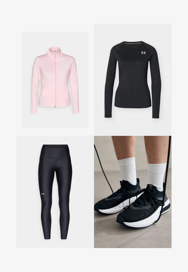 Gaiši rozā ar rāvējslēdzēju aizverama jaka, izgatavota no gludas, elastīgas materiāla. Ar stāvu apkakli, garām piedurknēm un nelielu logo uz krūtīm.; Melna garām piedurknēm sporta krekls, izgatavots no izlīdzinātas auduma, ar apaļu kakla izgriezumu un mazu baltu logotipu kreisajā krūtī.; Melnas leginses, kas izgatavotas no gluda, elastīga materiāla ar augstām jostām. Ir balta logo kreisajā augšstilbā un pieguļoša piegriezuma dizains.; Melni sporta apavi ar strukturētu audumu, balta zole un melni šņores. Valkāti ar baltām ribotām zeķēm, stāvot uz gaišas virsmas.