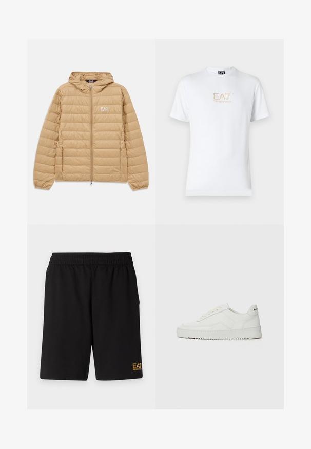 Lys brunt, quilted hette-jakke med frontglidelås og EA7 Emporio Armani-logo på venstre bryst.; Hvit bomulls t-skjorte med rund hals og korte ermer, med en gullfarget EA7 Emporio Armani-logo trykket på fronten.; Sorte treningsshorts laget av mykt stoff, med elastisk midje og en liten gul EA7-logo nederst på venstre ben.; Hvite lærersneakers med en jevn overflate, rund tå, flate lisser og en teksturert såle. Har en subtil logo på hælen.