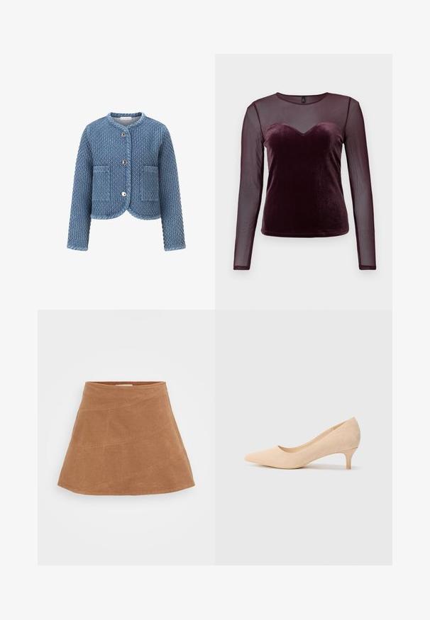 Blue quilted jacket with a round collar, front snap closure, two patch pockets, and textured diamond pattern. Soft fabric and cropped fit.; Burgundy long-sleeve top featuring a velvet bodice with a heart neckline and sheer mesh sleeves, smooth texture, and fitted design.; Brown corduroy mini skirt with a flared design, featuring diagonal seams and a smooth texture. Flat waistband at the top.; Beige suede high-heeled pump with a pointed toe and a slim, 2-inch heel. Smooth texture with minimal detailing on the upper surface.