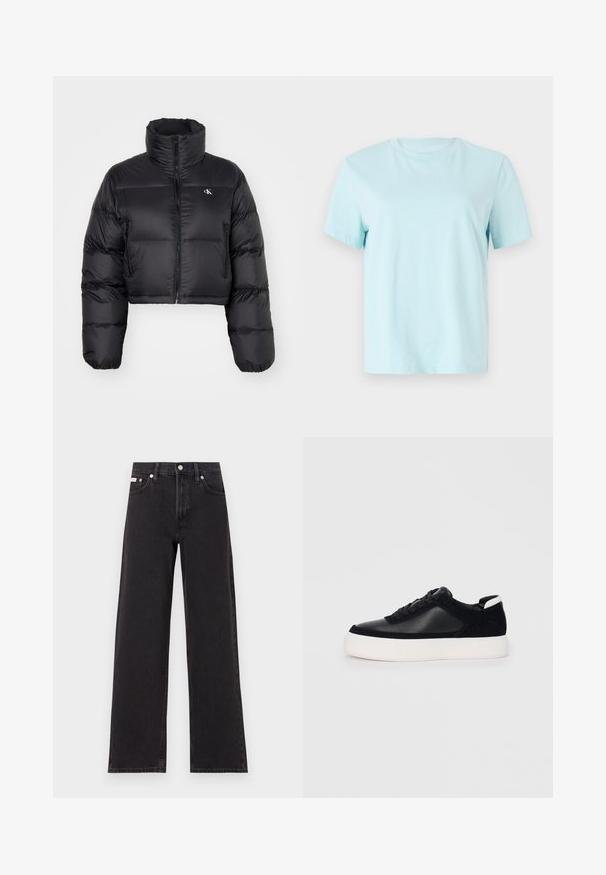 Svart kort puffjacka med hög krage, dragkedjestängning och märkeslogotyp på bröstet; har en puffig quiltad design och sidofickor.; Ljusblå bomullströja med korta ärmar, rundad halsringning och subtilt broderad "Calvin Klein"-logotyp på framsidan.; Svarta vida jeans i denim med hög midja, fem fickor och metallknappstängning med kontrasterande sömmar.; Svart sneaker med slät läder- och mockapaneler, platta snören, rundad tå och en vit gummisula. Distinkt logotyp på hälen.