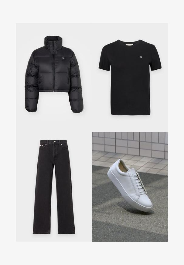 Črna skrajšana puhovka z visokim ovratnikom, zadrgo in logotipom na prsih; ima puhasto prešito zasnovo in stranske žepe.; Črna bombažna majica s klasičnim okroglim ovratnikom, kratkimi rokavi in majhnim belim vezenim logotipom "ck" na prsih.; Črne široke jeans hlače iz denima, s poudarjenim pasom, petimi žepi in kovinskim gumbom za zapiranje ter kontrastnim šivanjem.; Bela usnjena teniska z okroglo konico, ravnim podplatom in šestimi pari lukenj za vezalke. Gladka tekstura in minimalističen dizajn s detajli šivanja.