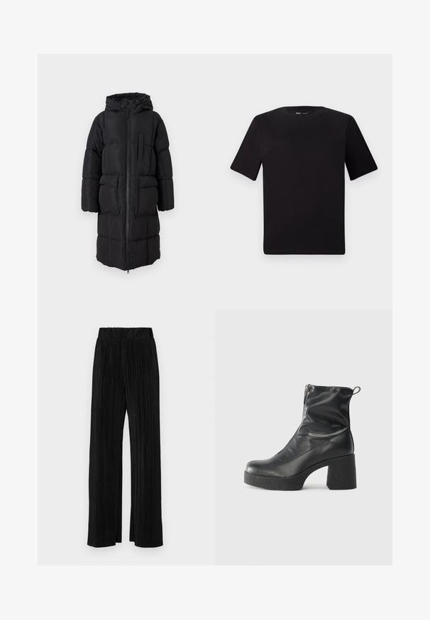 Black puffer coat with a hood, featuring a full-length zipper, two large front pockets, and a chest pocket. Smooth fabric and quilted design.; Black short-sleeve t-shirt with a round neckline, crafted from soft cotton fabric. Simple design, no visible logos or patterns.; Black pleated trousers with an elastic waistband. Features wide legs and a smooth, textured fabric with vertical stripes.; Black ankle boots made of smooth leather, featuring a side zipper, chunky textured heel, and rounded toe design.