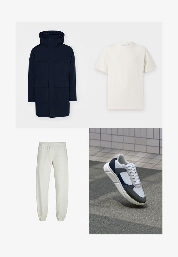 Tume madrusheline kapuutsiga parka, millel on eesulatus, neli suurt klapiga taskut ja kõrge kaelus. Valmistatud siledast, veekindlast kangast.; Valge lühikeste varrukatega T-särk ribakudumises. Ümar kaelus, mugav lõige, nähtavad mustrid ega aksessuaarid puuduvad. Lihtne ja mitmekesine disain.; Valged trennipüksid, mis on valmistatud pehmest kangast, elastse vöökoha ja mansettidega, sileda tekstuuri ja lõdva lõikega.; Valge, mereväe sinine ja hall spordijalats, millel on segatud materjalide disain, tekstureeritud ülemine osa, lame pael ja pehme talla.