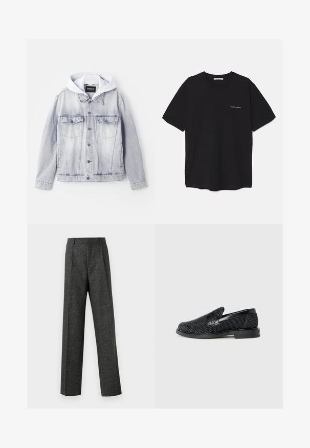 Chaqueta de denim en gris claro con capucha gris. Cuenta con dos bolsillos en el pecho, cierre frontal con botones y un ajuste ligeramente cropped. Textura suave.; Camiseta de algodón negra con cuello redondo, mangas cortas y un estampado de logo blanco en el lado izquierdo del pecho. Diseño simple y de color sólido.; Pantalones gris ajustados hechos de una tela texturizada, con dos pliegues frontales y un diseño de pierna recta. Sin bolsillos visibles ni adornos.; Zapato negro de tejido con un acento de cuero suave en la parte superior, diseño de punta redonda y suela de goma de perfil bajo.