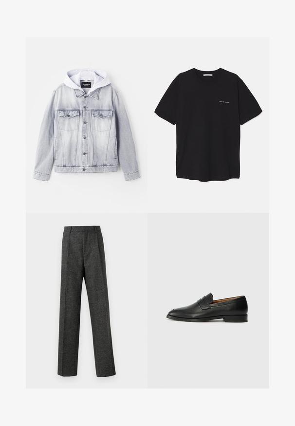 Denim jacket in light gray with a gray hood. Features two chest pockets, button front closure, and a slightly cropped fit. Soft texture.; Black cotton T-shirt with a crew neck, short sleeves, and a white logo print on the left chest. Simple, solid color design.; Gray tailored trousers made of textured fabric, featuring two front pleats and a straight-leg design. No visible pockets or embellishments.; Black leather loafer with a rounded toe, subtle stitched detailing, and a low heel, featuring a smooth texture and minimalist design.