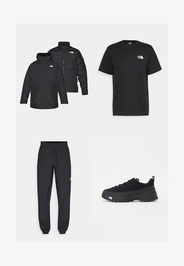 Čierna prevratná bunda The North Face so zipsom vpredu, vysokým golierom a dvoma prednými vreckami, zobrazená z prednej a zadnej strany.; Čierne bavlnené tričko s krátkymi rukávmi, klasickým výstrihom a malým bielym logom na ľavej hrudi. Jednoduchý dizajn, hladká textúra a voľný strih.; Čierne športové nohavice vyrobené z ľahkej tkaniny, s elastickým pásom na šnurovanie, bočnými vreckami a zúženými manžetami na členkoch.; Čierne vonkajšie tenisky so zvrškom z semišu, štruktúrovanou gumovou podrážkou a pevným šnurovaním. Obsahujú vystužený opätok a logo značky na boku.