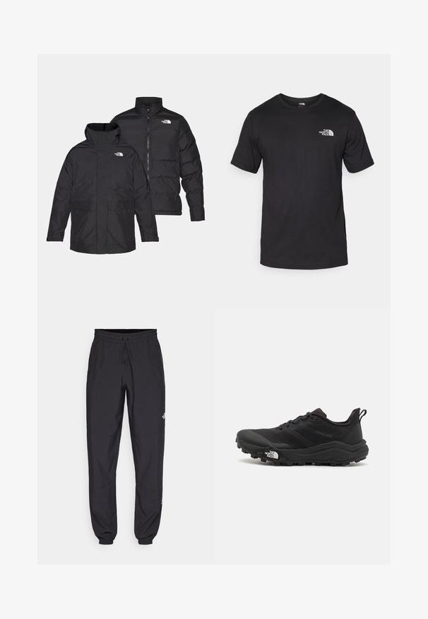 Casaco reversível preto da The North Face com fecho de correr à frente, gola alta e dois bolsos frontais, mostrado em vista frontal e traseira.; T-shirt preto de manga curta feito de algodão, com um decote redondo e um pequeno logótipo branco na parte superior esquerda do peito.; Calças atléticas pretas feitas de tecido leve, com um cós ajustável por cordão, bolsos laterais e punhos afunilados nos tornozelos.; Sapatilha de trail running preta com um upper texturizado, sola de borracha e biqueira reforçada. Possui um colarinho acolchoado e uma alça para facilitar o calçar.