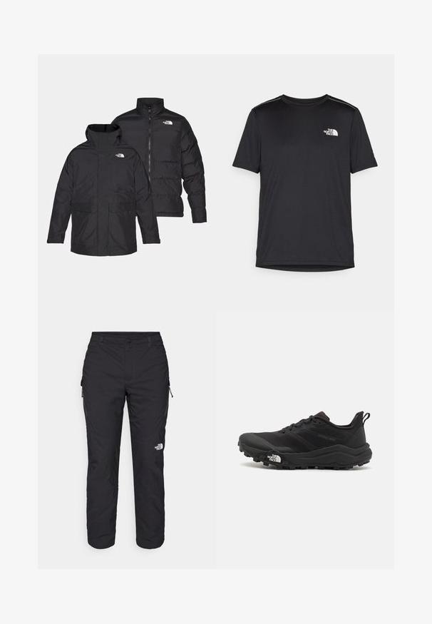 Melnā The North Face reversbilā jaka ar iešuvamu priekšpusi, augstu apkakli un divām priekšējām kabatām, parādīta priekšējā un aizmugurējā skatā.; Melnas īsām piedurknēm T-kreklas, izgatavots no viegla auduma. Uz kreisā krūtīm ir neliels balts logo un smalki plecu akcenti.; The North Face WINTER EXPLORATION TAPERED CARGO - Āra bikses - black; Melnas taku skriešanas kurpes ar teksturētu virsu, gumijas zoli un pastiprinātu pirkstu daļu. Aprīkotas ar mīkstu apkakli un vilkšanas cilpu, lai viegli uzvilktu.