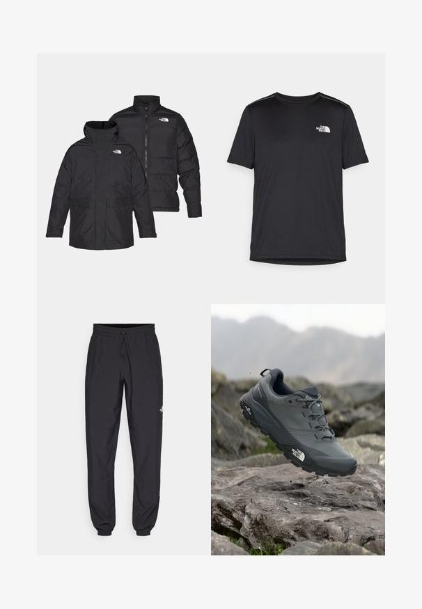 Must Black The North Face pööratav jakk, millel on lukuga eesmine osa, kõrge krae ja kaks eesmist taskut, näidatud esimeses ja tagumises vaates.; Must mustaöödiga must T-särk, mis on valmistatud kerge riidekanga. Esiküljel on vasakul rinnal väike valge logo ning õlgadel on peened aktsendid.; Mustavad sportlikud püksid, mis on valmistatud kergest kangast, joonlauaga taljest, küljetaskudega ja kitsenevate varrukatega pahkluude juures.; Hallhalli jooksukingad halli värvi, tekstureeritud ülemise osaga, vastupidava kummist tallaga ja tugevdatud varvaste kattega. Omab paelu ja kaubamärgi logo küljel.