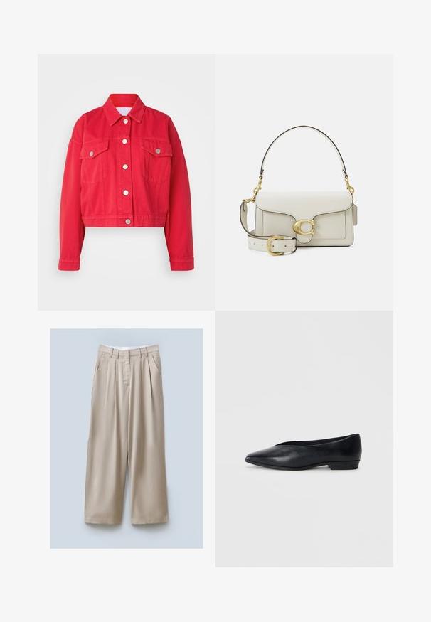 Veste en jean rouge courte avec un col, des manches longues et deux poches avant. Présente des boutons argentés et une texture lisse.; Chemise blanche à boutons avec un col pointu, des manches longues et un petit logo bleu sur la poitrine gauche. Fabriquée en tissu en coton.; Pantalons larges beiges avec une finition texturée, dotés de deux poches latérales, de plis avant et d'une taille pour un maintien sécurisé.; Chaussure plate en cuir noir avec un bout pointu, un léger talon surélevé et une surface lisse. Design simple sans matériel ou motifs visibles.; Sac à main en cuir blanc avec ferrures dorées, doté d'un rabat et d'une bandoulière amovible et réglable. Ornement métallique rond au centre.