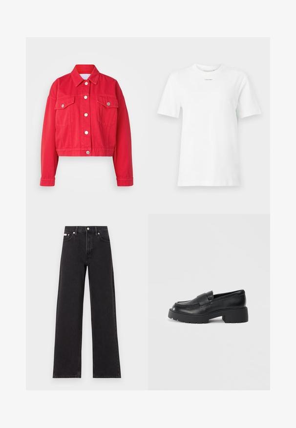 Raudona trumpa džinsinė striukė su apykakle, ilgomis rankovėmis ir dviem priekinėmis kišenėmis. Yra sidabriniai mygtukai ir lygi tekstūra.; Baltas medvilninis marškinėliai su apykakle, trumpomis rankovėmis ir mažu juodu "Calvin Klein" logotipu krūtinėje. Paprastas dizainas, be raštų.; Juodos plačios kojų džinsai, pagaminti iš džinsinio audinio, su aukštu liemeniu, penkių kišenių stiliumi ir metaline sagte su kontrastingo siuvimo detalėmis.; Juodi odiniai loaferiai su tekstūruotu paviršiumi, turintys stačiakampę juostą per vampą ir masyviu, nelygiu padu.