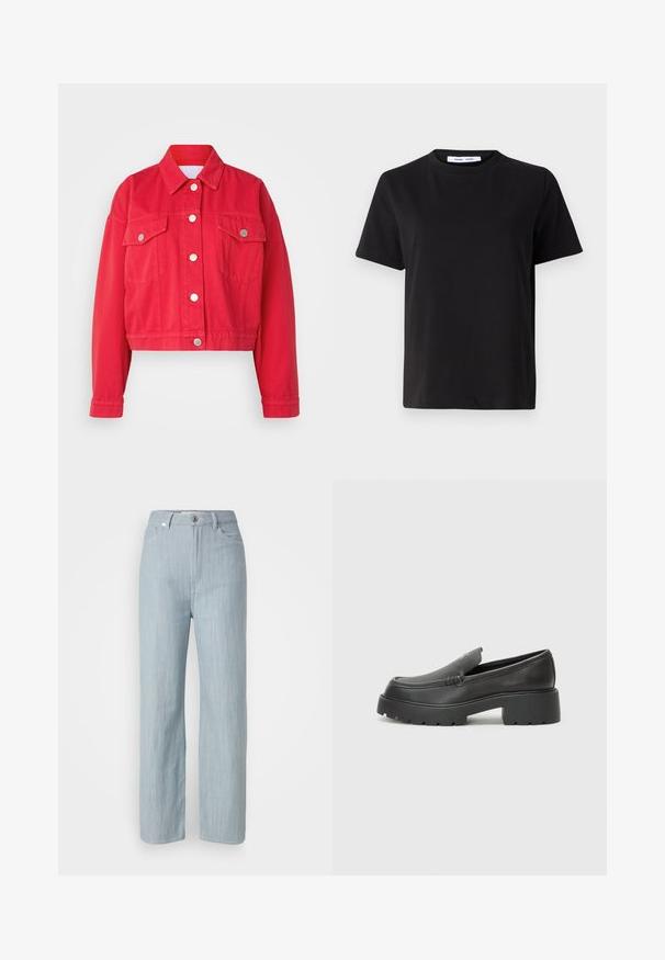 Rote, kurze Jeansjacke mit Kragen, langen Ärmeln und zwei Vorderaschen. Mit silbernen Knöpfen und glatter Textur.; Schwarzes T-Shirt mit kurzen Ärmeln aus weicher Baumwolle, mit rundem Ausschnitt, lockerer Passform und glatter Textur. Keine sichtbaren Muster oder Grafiken.; Helle blaue gerade geschnittene Jeans aus Denim. Verfügt über fünf Taschen, einen Metallknopfverschluss und dezente Waschungen für zusätzliche Textur.; Schwarze Lederloafer mit einer abgerundeten Spitze, dicker strukturierten Laufsohle und minimalen Nähten. Schlankes Design ohne sichtbare Schnürsenkel oder Beschläge.