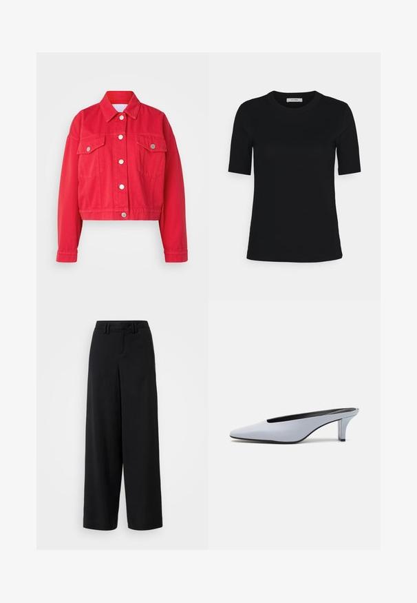 Veste en jean rouge courte avec un col, des manches longues et deux poches avant. Présente des boutons argentés et une texture lisse.; IVY OAK KRISTIN - T-shirt basique - black; Pantalons large en noir en tissu lisse, avec une taille plate, des détails plissés et des passants de ceinture à la taille.; Mule en cuir verni bleu clair avec un orteil pointu, un petit talon transparent et un design épuré mettant en valeur une découpe au cou-de-pied.