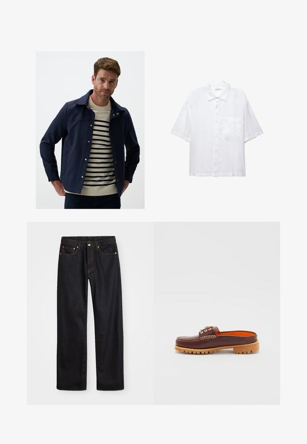 Giacca blu navy con colletto e bottoni a pressione, indossata sopra un maglione a righe crema. Include tasche laterali e una texture di tessuto liscia.; Camicia bianca a maniche corte con chiusura a bottoni, colletto e una singola tasca sul petto. Realizzata in tessuto leggero con una texture liscia.; Jeans neri in denim dritto da uomo con cinque tasche e cuciture arancioni, chiusura con bottone e zip sulla vita anteriore.; Scarpa slip-on in pelle marrone con punta arrotondata, dettagli di cucitura testurizzata, occhielli dorati e suola esterna rigata color beige. L'interno è di un vivace arancione.
