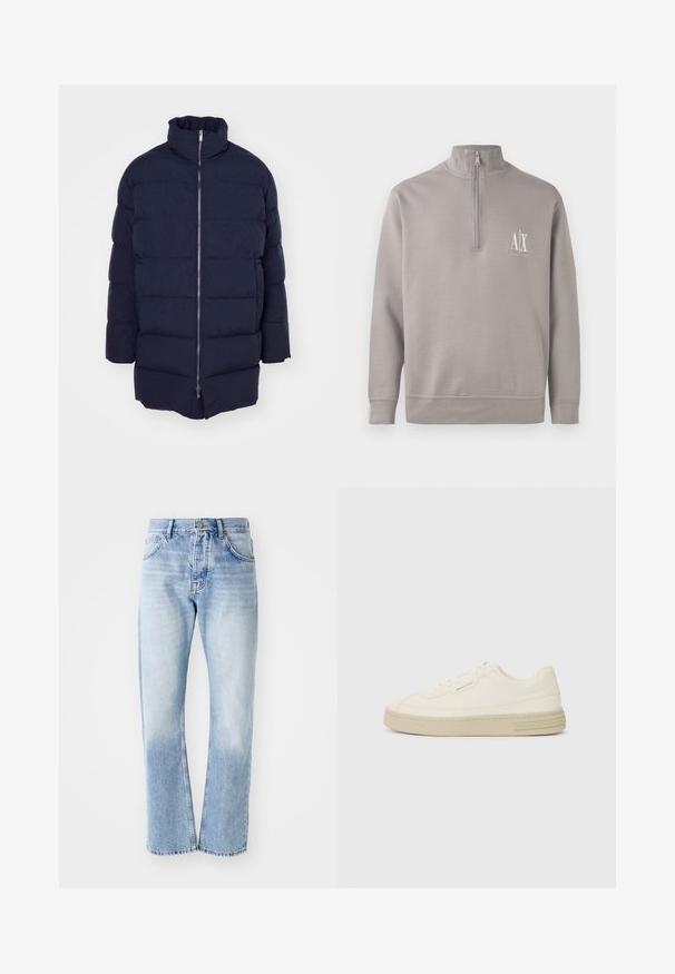 Mornarska puffer jakna z visokim ovratnikom, sprednjim zadrgo in prešitjem. Izdelana iz gladkega, oblazinjenega materiala z stranskimi žepi.; Svetlo sivi pulover s četrt zadrgo, izdelan iz mehkega materiala, z majhnim belim logotipom na prsih ter elastičnimi manšetami in robom.; Svijetloplavi traperice s ravnim nogavicama. Sadrže dizajn s pet džepova, patentni zatvarač i izbjeljenu teksturu prema dnu.; Bele platnene športne copate z teksturirano gumijasto podplatom, ki imajo šivani zaščitni prst in logo na peti. Enostavna zasnova z vezalkami.