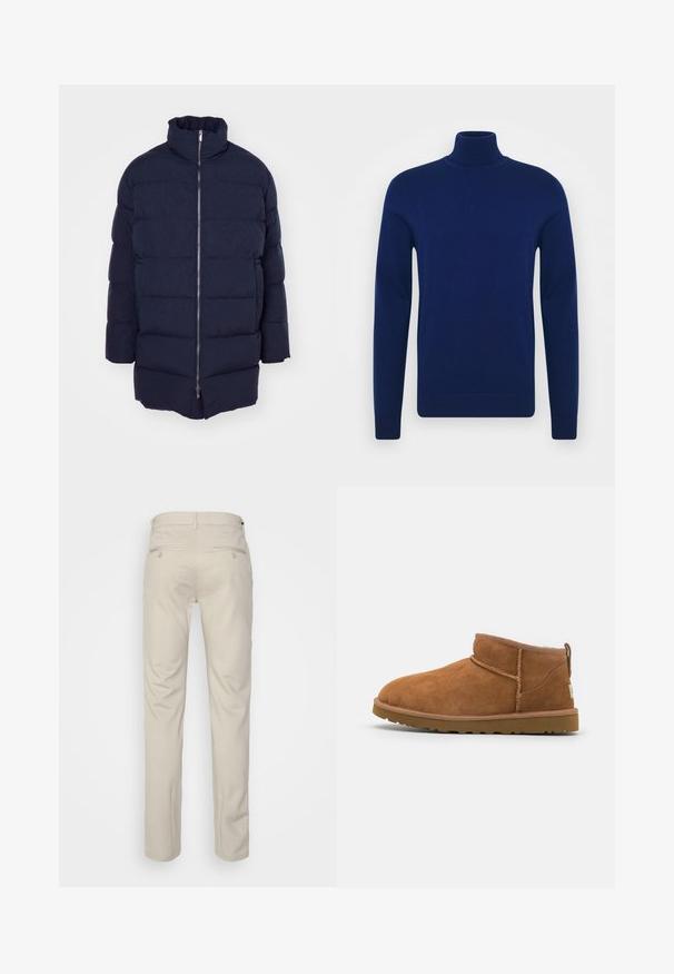 Casaco puffer azul-marinho com cols alto, fecho frontal com zíper e design acolchoado. Feito em tecido liso e almofadado com bolsos laterais.; Suéter de gola alta azul-marinho feito de um tecido de malha suave. Mangas longas e design ajustado com detalhes canelados na gola e na barra.; Calças bege com uma textura suave, corte reto, dois bolsos traseiros com botões e uma cintura padrão.; Botim de tornozelo em camurça castanha com biqueira arredondada, detalhes de costura subtil e sola de borracha texturizada. Altura curta sem atacadores.
