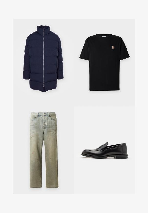Μπλε φουτερ μπουφάν με ψηλό γιακά, κλείσιμο μπροστά με φερμουάρ και καπιτονέ σχέδιο. Κατασκευασμένο από λείο, επενδεδυμένο ύφασμα με πλαϊνές τσέπες.; Μαύρο κοντομάνικο μπλουζάκι με στρογγυλή λαιμόκοψη και μικρό κεντημένο πορτοκαλί λογότυπο αλεπούς στο αριστερό στήθος.; Τζιν σε ανοιχτό πράσινο με φθορές, με ευθεία γραμμή, πέντε τσέπες και άνισους τόνους ξεθωριάσματος με σταγόνες χρώματος.; Μαύρες δερμάτινες μπαλαρίνες με λεία υφή, στρογγυλή μύτη και διακοσμητική ταινία πάνω από το επάνω μέρος. Χαμηλός καπιτώνας, μινιμαλιστικός σχεδιασμός.