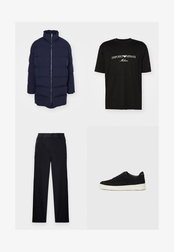 Casaco puffer azul-marinho com cols alto, fecho frontal com zíper e design acolchoado. Feito em tecido liso e almofadado com bolsos laterais.; T-shirt de algodão preta com gola redonda, mangas curtas e o logo "EMPORIO ARMANI" em branco acima de "Milano" num design curvo.; Calças pretas com um tecido leve e texturizado, design de pernas retas, cintura elástica e bolsos laterais com fecho.; Sapatilhas de camurça pretas com design de atacadores e sola de borracha branca em contraste. Apresenta painéis laterais texturizados e uma marcação discreta no calcanhar.