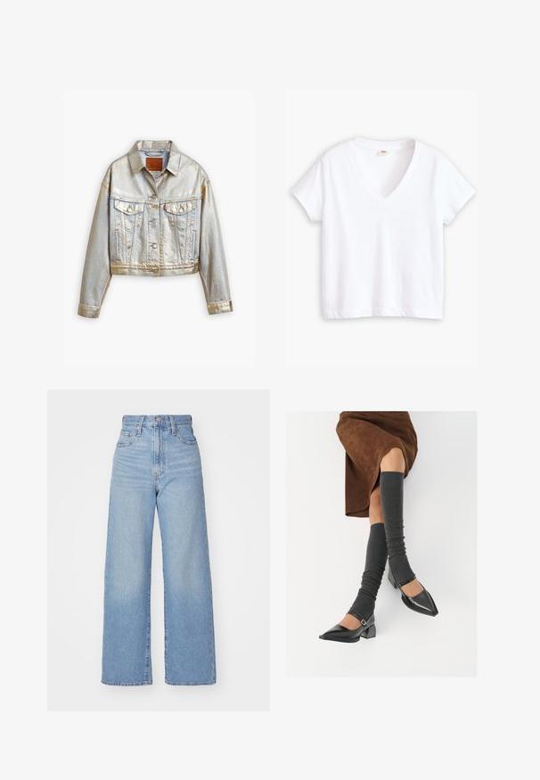 Jachetă din denim metalic argintie, design scurtat, guler ascuțit, buzunare frontale cu clapete, închidere cu nasturi și detalii de cusătură vizibile.; Tricou alb din bumbac, cu decolteu în V, mâneci scurte și un tiv drept. Textură moale, design minimalist, fără modele sau accente.; Jeans cu talie înaltă, de culoare albastru deschis, cu croială largă, dotate cu nasture și fermoar la față, buzunare în față și spate, pe un fundal alb.; Pantofi negri din piele lacuită, cu vârful ascuțit, toc bloc și curea la glezna, asortați cu jambiere gri cu nervuri și o fustă din suede maro.