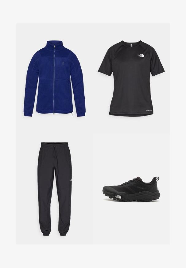 Navy blue fleece jacket with a high collar, full front zipper, and a logo on the chest. Features a smooth texture and contrasting seams.; Black short-sleeve athletic shirt with a textured fabric, featuring a white logo on the left chest and a straight hem.; Black athletic pants made from lightweight fabric, featuring a drawstring waistband, side pockets, and tapered cuffs at the ankles.; Black trail running shoe with a textured upper, rubber sole, and reinforced toe cap. Features a padded collar and pull tab for easy wear.