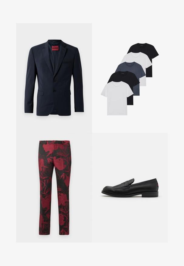 Sötétkék blézer, két gombbal, nyakkivágással és oldalsó zsebekkel; belül piros "HUGO" címkével. Simább, strukturált anyag.; Öt fekete, fehér és tengerészkék póló készlet. Pamut anyag, rövid ujjak, kerek nyakú dizájn és sima textúra minták nélkül.; Fekete nadrág mély vörös virágmintával, sima textúrával és szabott fazonnal. Szabványos derékpánt és egyenes lábujj design.; Fekete bőr loafer cipők sima felülettel, lekerekített orral és egy kis díszes hajtókával. Alacsony, rakott sarkú és diszkrét márkázási részletekkel rendelkezik.