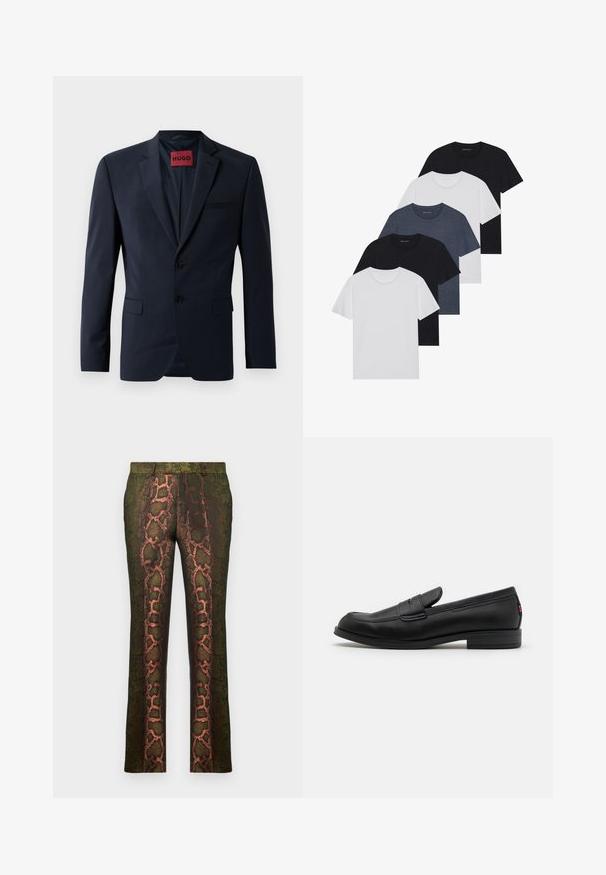 Jūros mavro švarkas su dviem mygtukais, išpjautomis apykaklėmis ir šoninėmis kišenėmis; viduje yra raudona "HUGO" etikete. Lygus, struktūrizuotas audinys.; Penki marškiniai juodos, baltos ir mėlynos spalvos. Pagaminti iš medvilnės, trumpomis rankovėmis, su apvaliu kaklu, be raštų.; Žalios raštuotos kelnytės su gyvatės rašto dizainu, puikiai derančiais rudos ir oranžinės spalvomis, tiesaus kirpimo ir lygia tekstūra.; Juodos odinės loafers' tipo bateliai su lygia apdaila, apvalia nosimi ir maža dekoratyvine kišenėle. Turi žemą sukrauto kulno ir subtilų prekės ženklo detalę.