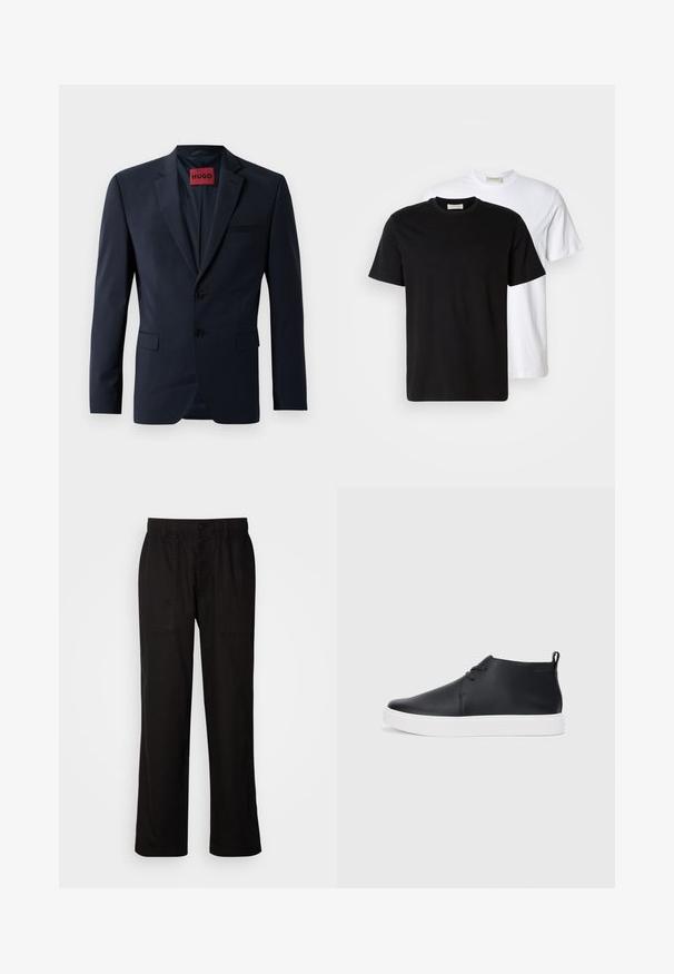Marineblazer med to knapper, lappeslag og sidelommer; har en rød "HUGO"-etikett inni. Glatt, strukturert stoff.; To enkle bomulls T-skjorter, en svart plassert foran en hvit, begge med korte ermer og rund hals.; Svart bukser med avslappet passform, laget av lett stoff. Har elastisk midjebånd, knapplukking og to frontlommer.; Svart skinnhøye sneakers med glatt finish, hvit gummisole og enkelt snøringdesign. Har en løftestropp bak.