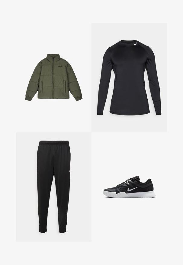 Olive green puffer jacket with a high collar, front zipper, and two side pockets. Features stitched panels and ribbed cuffs for warmth.; Black long-sleeve athletic shirt made of smooth, stretchy fabric with a crew neckline and discreet logo on the upper left.; Black athletic pants made of smooth fabric, featuring an elastic waistband, tapered legs, and a small white logo on the left side.; Black athletic shoe with a textured upper, white Nike swoosh, and a white rubber outsole. Features a lace-up design and dynamic shape.