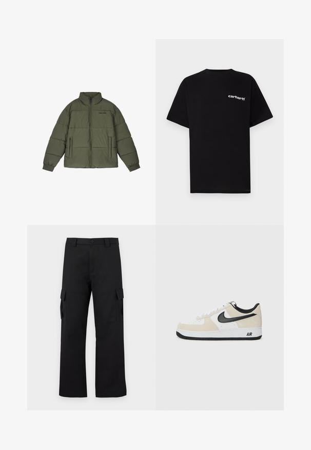 Casaco puffer verde-oliva com gola alta, fecho à frente e dois bolsos laterais. Apresenta painéis costurados e punhos canelados para mais conforto térmico.; T-shirt preta de algodão com mangas curtas, decote redondo e logótipo branco "Carhartt" no peito esquerdo. Textura suave, design minimalista.; Calças cargo pretas com um design de perna reta. Feitas de um tecido durável, apresentam dois bolsos laterais com fechos de aba e um fecho de botão.; Sapatilhas com parte superior em camurça bege claro e couro branco, swoosh da Nike em preto, detalhes em preto e uma sola de borracha branca com a marca "AIR".