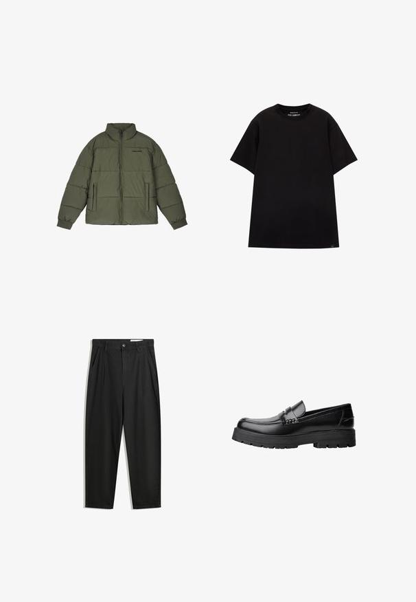 Olíva zöld puffermellény magas gallérral, elülső cipzárral és két oldalsó zsebbel. Varrott panelek és bordás mandzsetták biztosítják a meleget.; PULL&BEAR JOIN LIFE - Basic póló - black; Fekete pamut nadrág laza szabással, klasszikus derékrésszel, elülső hajtásokkal és oldalsó zsebekkel. Simább textúra minta nélkül.; Fekete bőr loaferek vastag, bordázott talppal és díszcsíkkal az upper rész felett, bal oldali profilmódban, fehér háttér előtt.