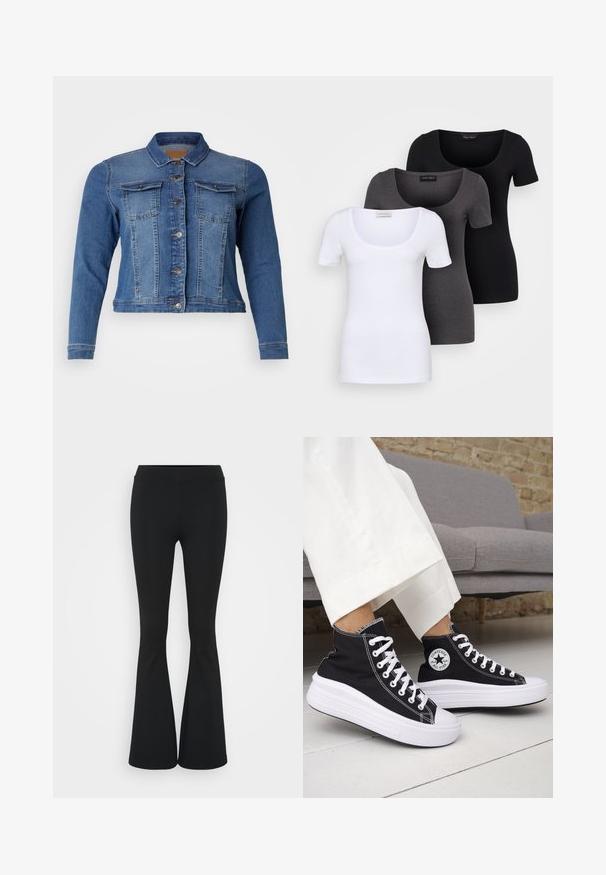 Jeansjacka i medelblå färg, med en knappstängning framtill, två bröstfickor och långa ärmar. Klassisk design med lätt blekningar.; Tre åtsittande T-shirts i vitt, grått och svart. Var och en har en bred rundad halsringning och korta ärmar. Tillverkade av mjukt, stretcht tyg.; Svarta utsvängda byxor i elastiskt tyg med hög midja och en mjuk textur. Byxorna vidgar sig från knäet.; Svarta höga sneakers med vita gummisulor och snören. Har en rund logotypmärke och kontrasterande vita sömmar. Tillverkade av canvasmaterial.