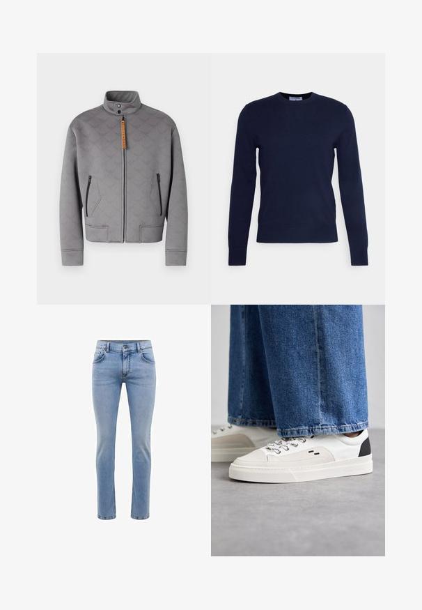 Gray zip-up jacket with high collar, featuring a textured pattern and orange hardware. Includes two zippered side pockets and a straight cut.; Navy blue crew-neck sweater made of soft fabric, featuring long sleeves and a ribbed hem. No visible patterns or embellishments.; Light blue denim jeans with a slim fit, five pockets, and a straight leg design. Features a zipper fly and belt loops. Soft texture.; White and black sneakers with a smooth leather upper, textured accents, and a chunky white sole. Features a classic lace-up design.