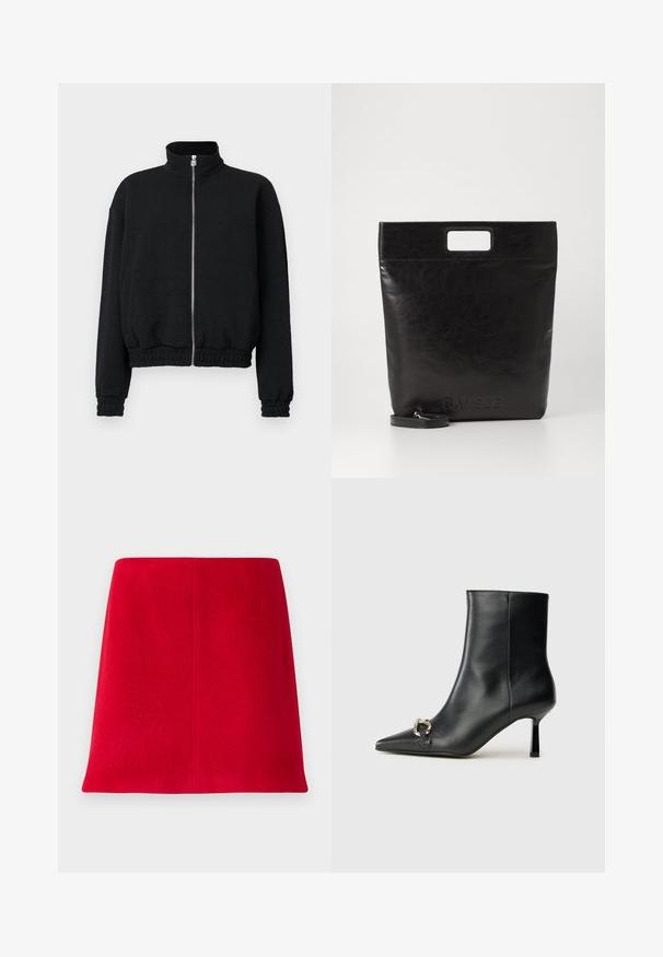 Casaco preto com fecho de correr, colarinho alto, punhos e bainha canelados, apresentando um padrão texturizado e fecho de correr prateado.; Camisa branca de manga longa com colarinho feita de algodão. Apresenta uma parte frontal com botões e um único bolso no peito. Textura suave, corte descontraído.; Mini saia vermelha feita de tecido texturizado com corte reto. O design apresenta uma frente sem costuras e linhas limpas sem embellishments.; Bota preta de couro até ao tornozelo com bico apontado, salto slim de altura média e detalhe em fivela prateada de lado, contra um fundo simples.; Saco tote de couro preto com uma pega quadrada, apresentando um acabamento texturizado e logotipo em relevo. Inclui uma alça destacável.