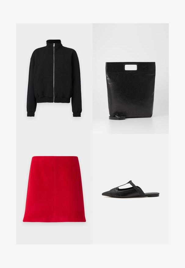 Černá zipová bunda s vysokým límcem, texturovaná tkanina, elastické manžety a lem, s stříbrným zipem a detaily loga.; Bílá košile s dlouhým rukávem a límečkem vyrobená z bavlny. Má knoflíkovou přední část a jedno kapsičku na prsou. Hladký povrch, volný střih.; Červená mini sukně vyrobená z texturované látky se siluetou do písmena A. Design obsahuje bezešlý přední díl a čisté linie bez ozdob.; Černé kožené slingback boty se špičatou špičkou, s tkaným akcentem a plisovaným designem svršku. Plochá podešev s minimálním kovovým zapínáním.; Černá kožená taška přes rameno se čtvercovou rukojetí, s texturovaným povrchem a embosovaným logem. Obsahuje odnímatelný popruh.