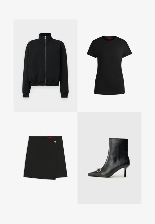Czarna kurtka zapinana na zamek z wysokim kołnierzem, teksturowana tkanina, elastyczne mankiety i dół, z srebrnym zamkiem błyskawicznym z detalami logo.; Czarna bawełniana koszulka z krótkimi, podwiniętymi rękawami, okrągłym dekoltem i czerwoną metką. Gładka tekstura, dopasowany fason z minimalnymi detalami.; Czarna spódnica o kroju kopertowym z gładką fakturą, z czerwoną metką logo i srebrnym akcentem. Prosty design z czystym cięciem.; Czarny skórzany botek za kostkę z szpiczastym noskiem, smukłym średnim obcasem i srebrnym zapięciem po boku na jednolitym tle.