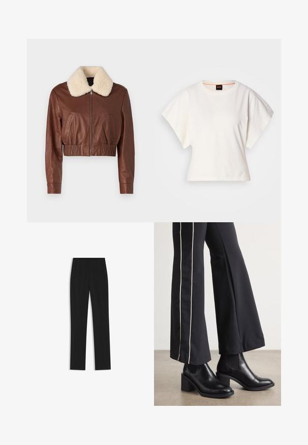 Braune Leder-Bomberjacke mit einem beigefarbenen Lammfellkragen, Reißverschluss vorne und zwei vorderen Taschen; strukturierter Stoff mit elastischem Saum.; Weißes, kurzes T-Shirt, kurze weite Ärmel, weicher Baumwollstoff, runder Ausschnitt mit subtilen orangefarbenen Akzenten, minimales Design, keine Muster oder Grafiken.; Schwarze maßgeschneiderte Hose mit geradem Bein, ausgestattet mit Fronttaschen und einem glatten, strukturierten Stoff. Saubere, minimale Details.; Schwarze Lederstiefeletten mit einem Blockabsatz, ausgestattet mit elastischen seitlichen Einsätzen. Kombiniert mit schwarzen Hosen, die einen weißen Seitenstreifen haben.